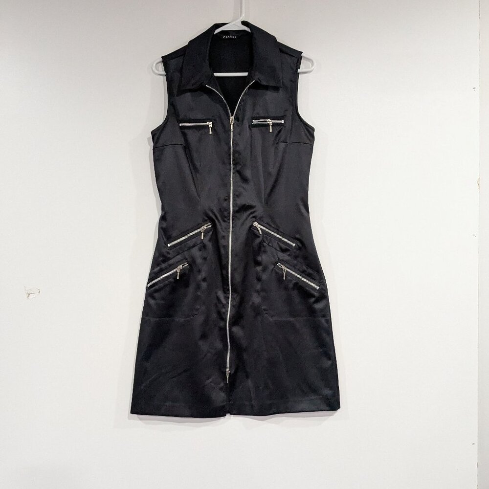 Caroll Satin Sleeveless Dress with Zippers Black France Size 40 US Size 8